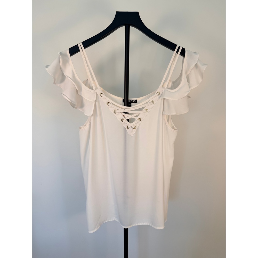 Express Ivory White Lace Up Ruffle Cold Shoulder Blouse Top Large